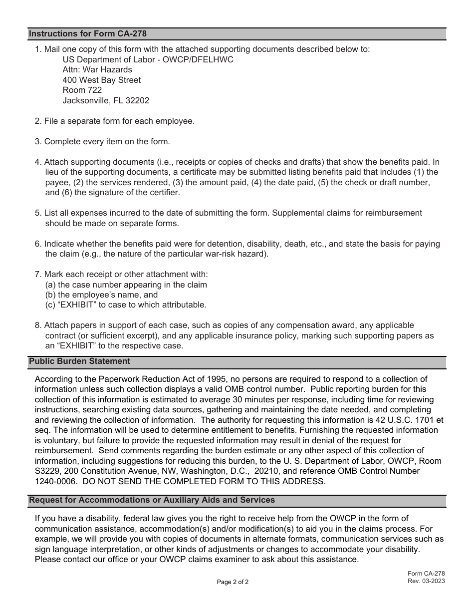Form CA-278 Claim for Reimbursement of Benefit Payments and Claims Expense Under the War Hazards Compensation Act, Page 2