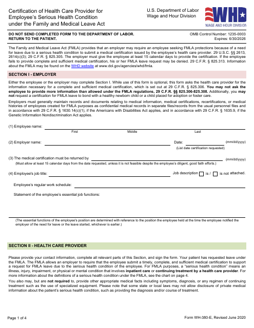 Form WH-380-E Fmla Certification of Health Care Provider for Employee&#039;s Serious Health Condition