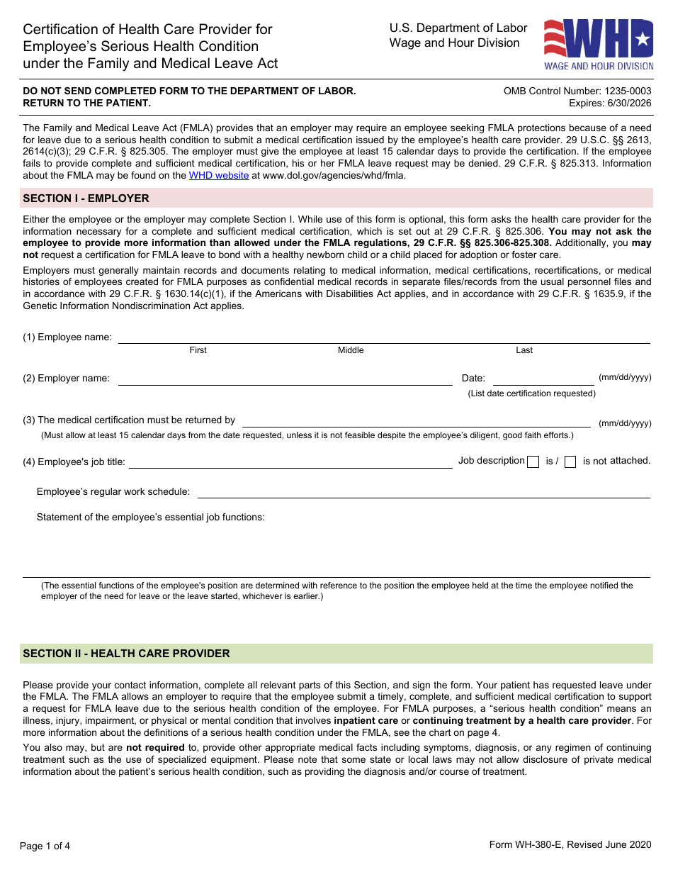 Form WH-380-E Fmla Certification of Health Care Provider for Employees Serious Health Condition, Page 1
