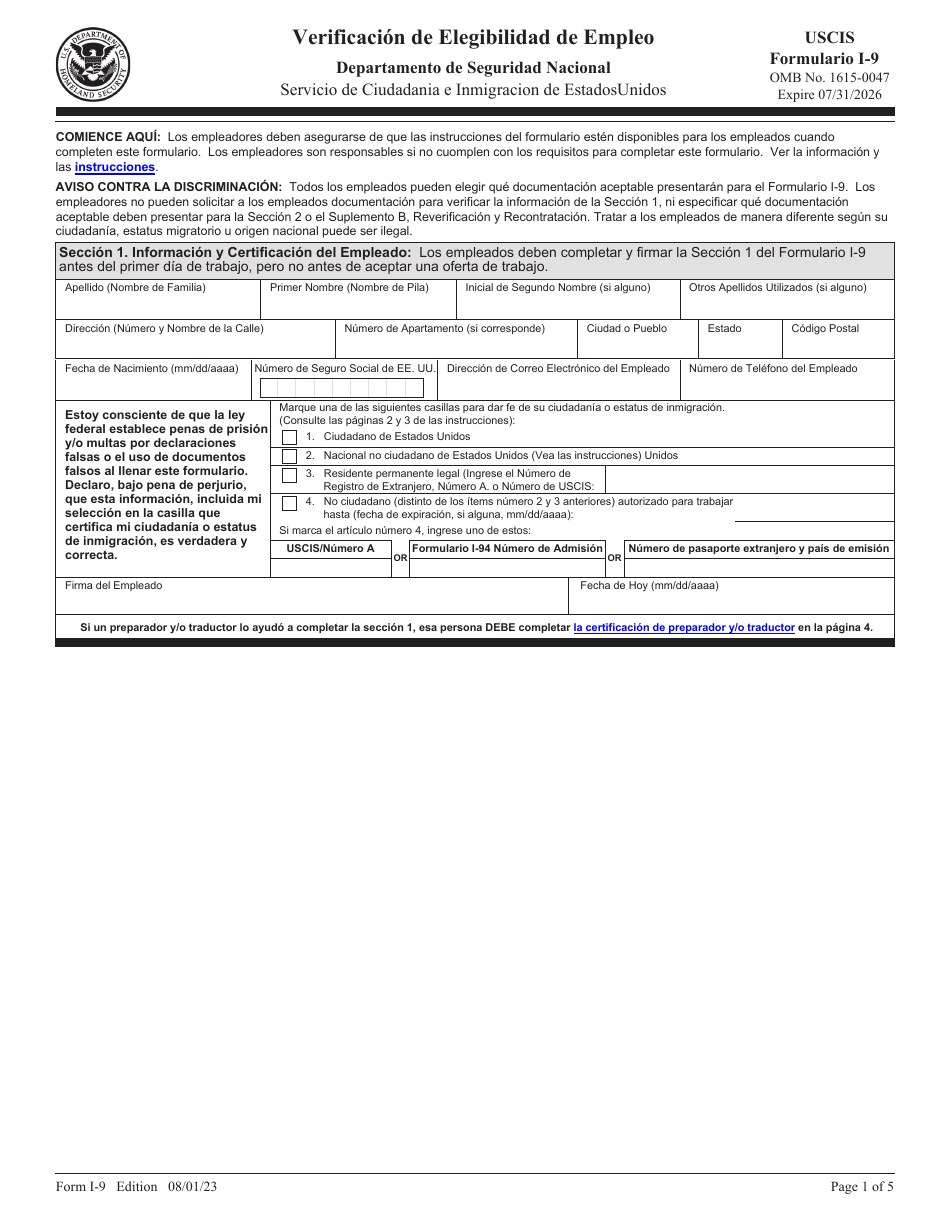 USCIS Formulario I-9 Verificacion De Elegibilidad De Empleo (Spanish), Page 1
