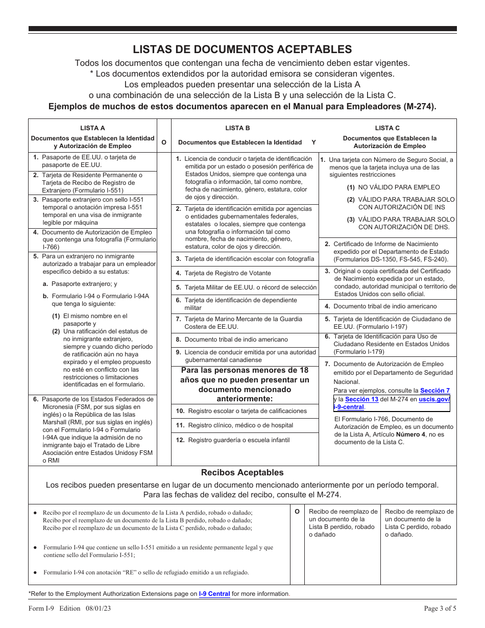 USCIS Formulario I-9 Verificacion De Elegibilidad De Empleo (Spanish), Page 3