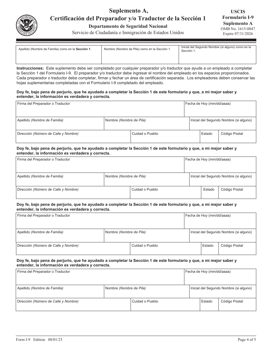 USCIS Formulario I-9 Verificacion De Elegibilidad De Empleo (Spanish), Page 4