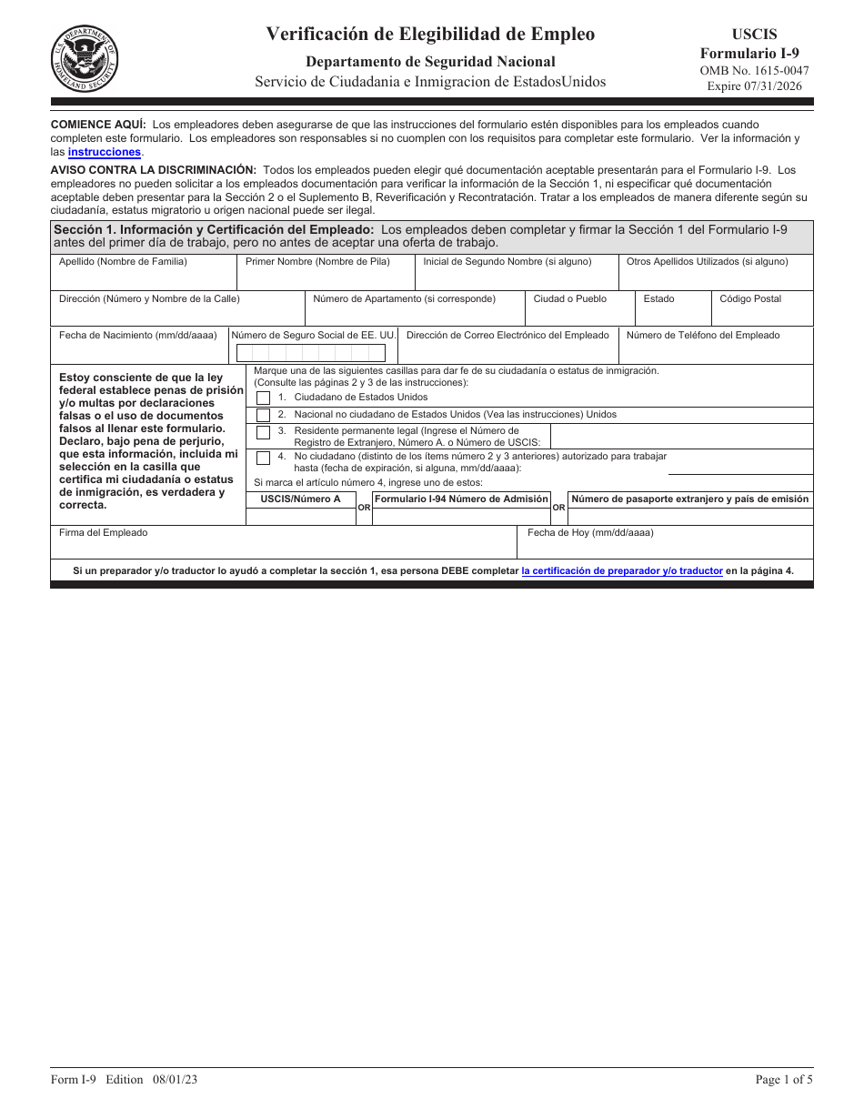 Uscis Formulario I 9 Fill Out Sign Online And Download Fillable Pdf