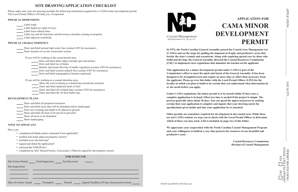 Form EB1952 Application for CAMA Minor Development Permit - North Carolina