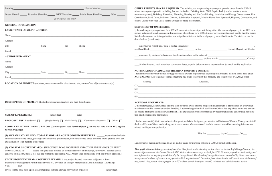Form EB1952 Application for CAMA Minor Development Permit - North Carolina, Page 2