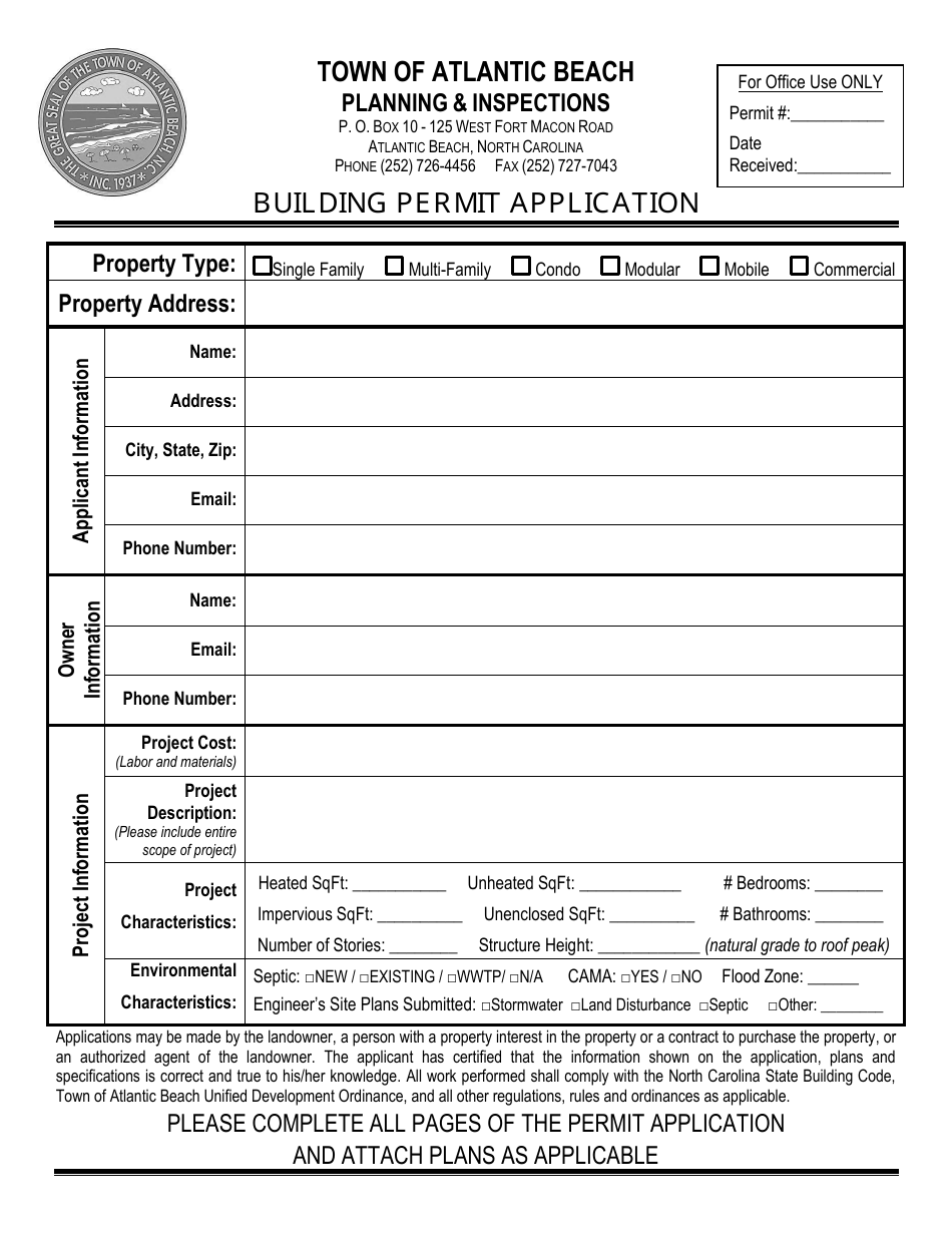 Town of Atlantic Beach, North Carolina Building Permit Application ...