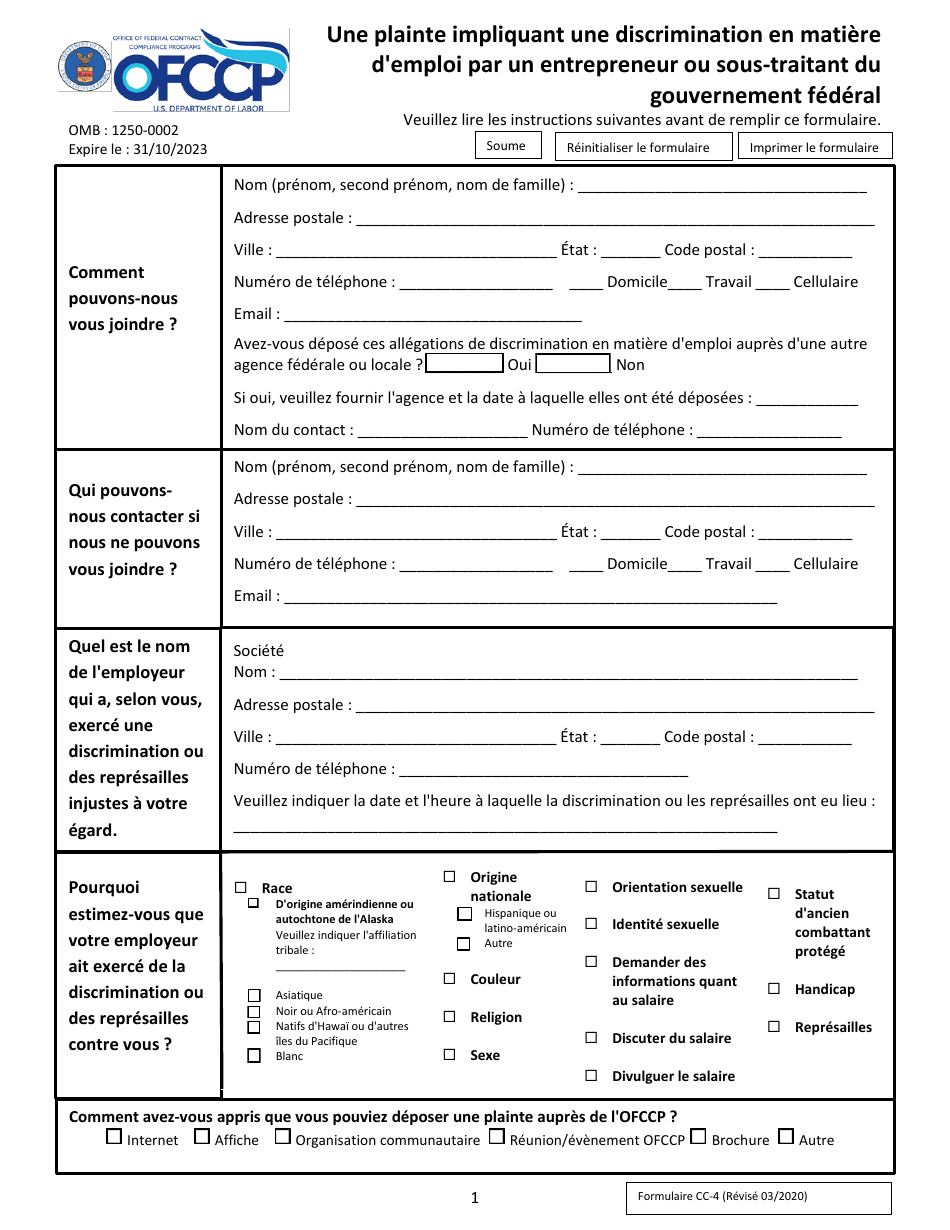 Form CC-4 Complaint Involving Employment Discrimination by a Federal Contractor or Subcontractor (French), Page 1