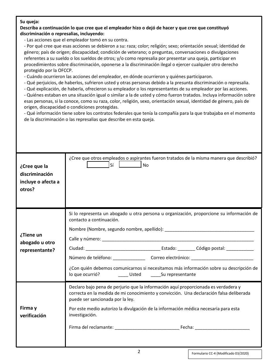 Formulario CC-4 Queja Por Discriminacion Laboral Cometida Por Un Contratista O Subcontratista Federal (Spanish), Page 2