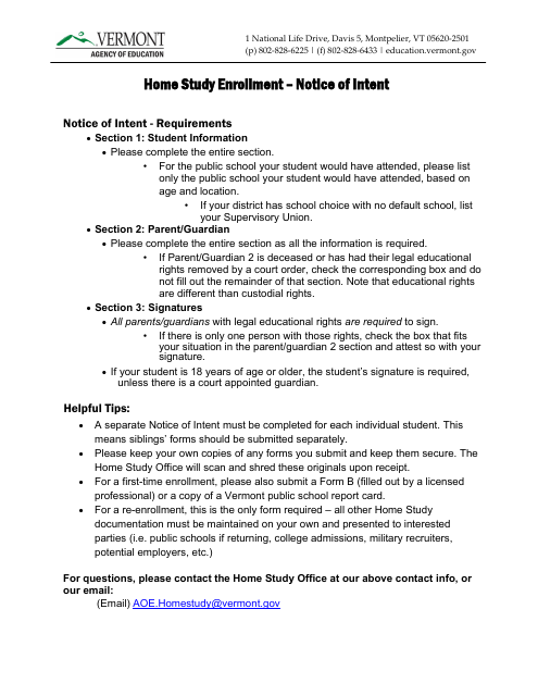 Home Study Enrollment - Notice of Intent - Vermont Download Pdf