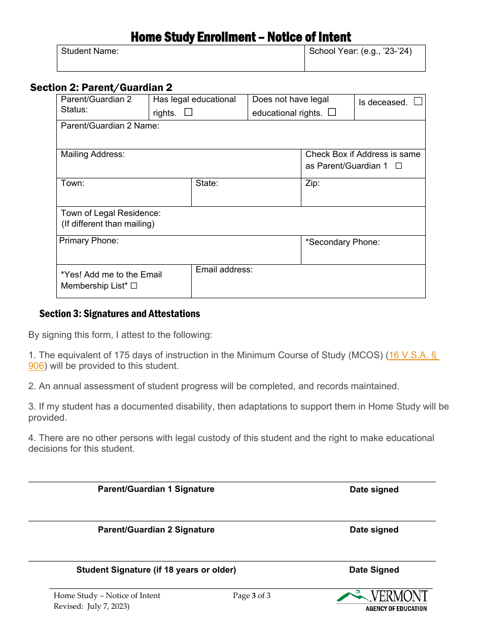 Home Study Enrollment - Notice of Intent - Vermont, Page 3