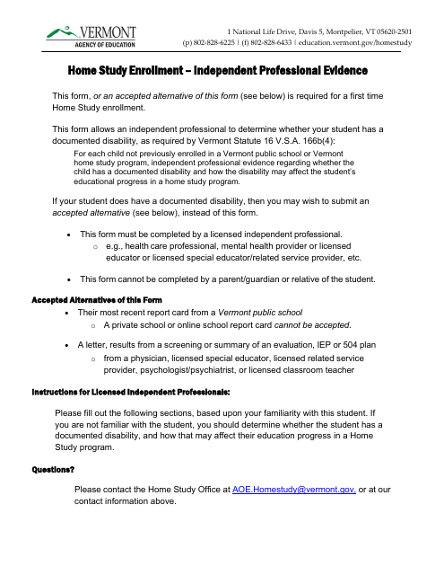 Home Study Enrollment - Independent Professional Evidence - Vermont Download Pdf