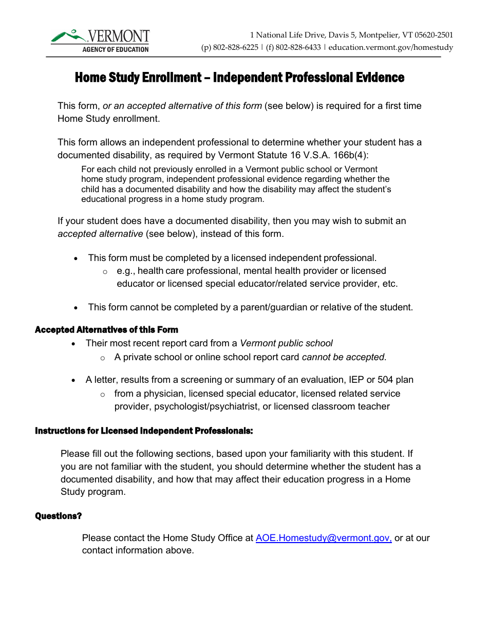 Home Study Enrollment - Independent Professional Evidence - Vermont, Page 1