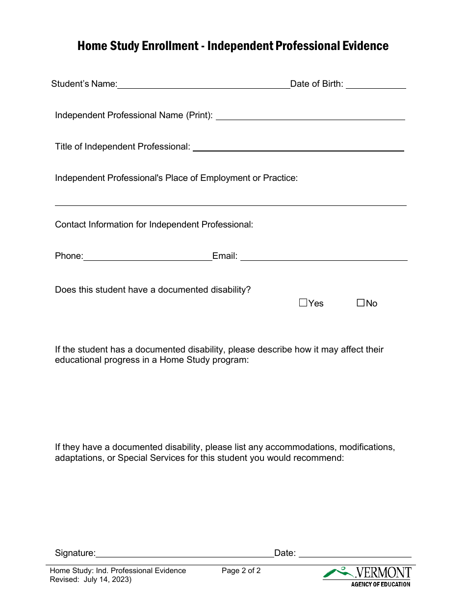 Home Study Enrollment - Independent Professional Evidence - Vermont, Page 2