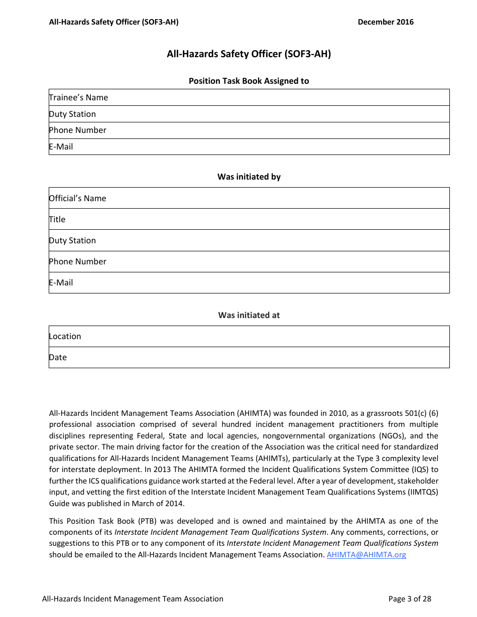 Form SOF3-AH Task Book for the Position of Type 3 All-hazards - Safety Officer - Washington, Page 3
