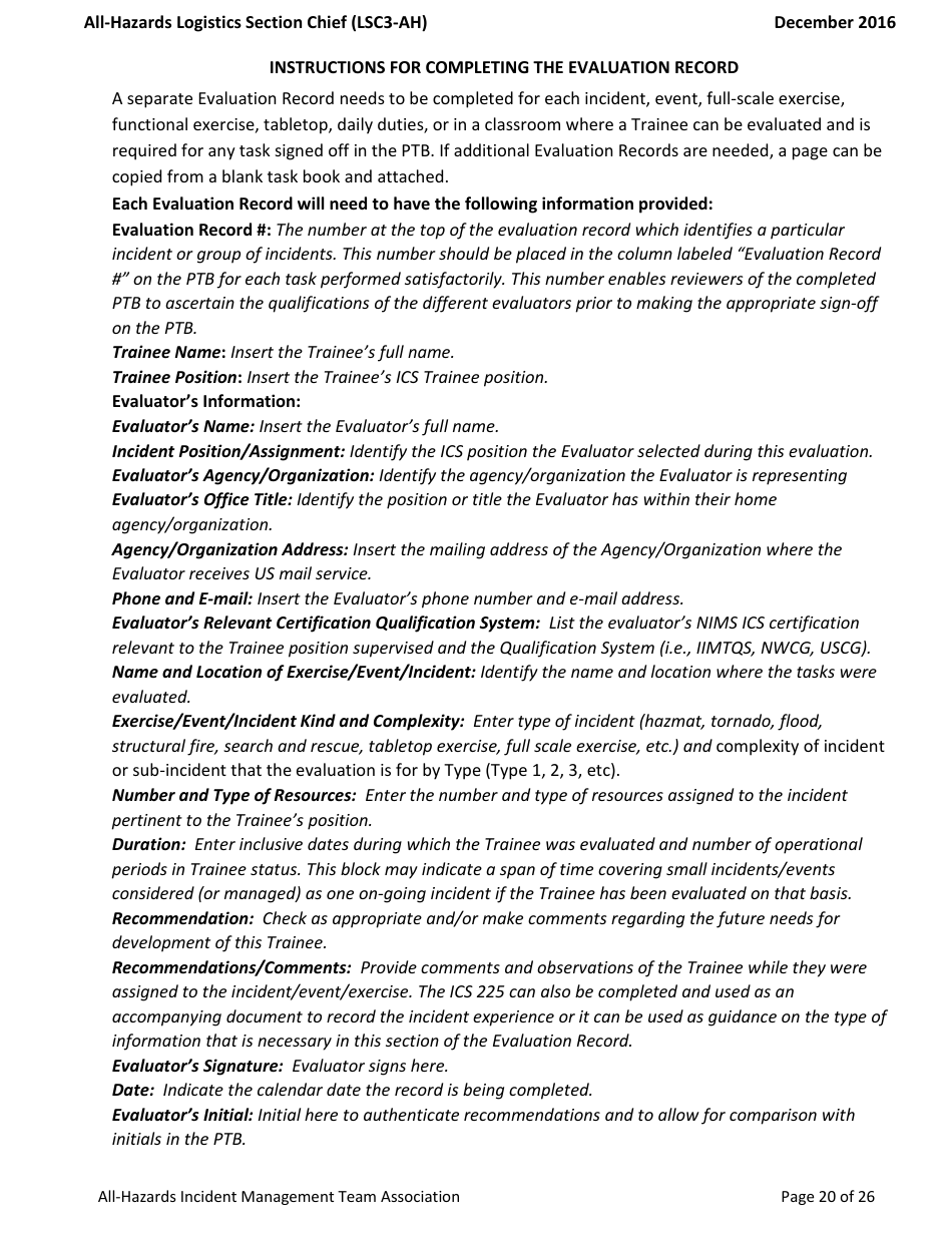 Task Book for the Position of Type 3 All-hazards Logistics Section Chief (Lsc3-ah) - Washington, Page 20