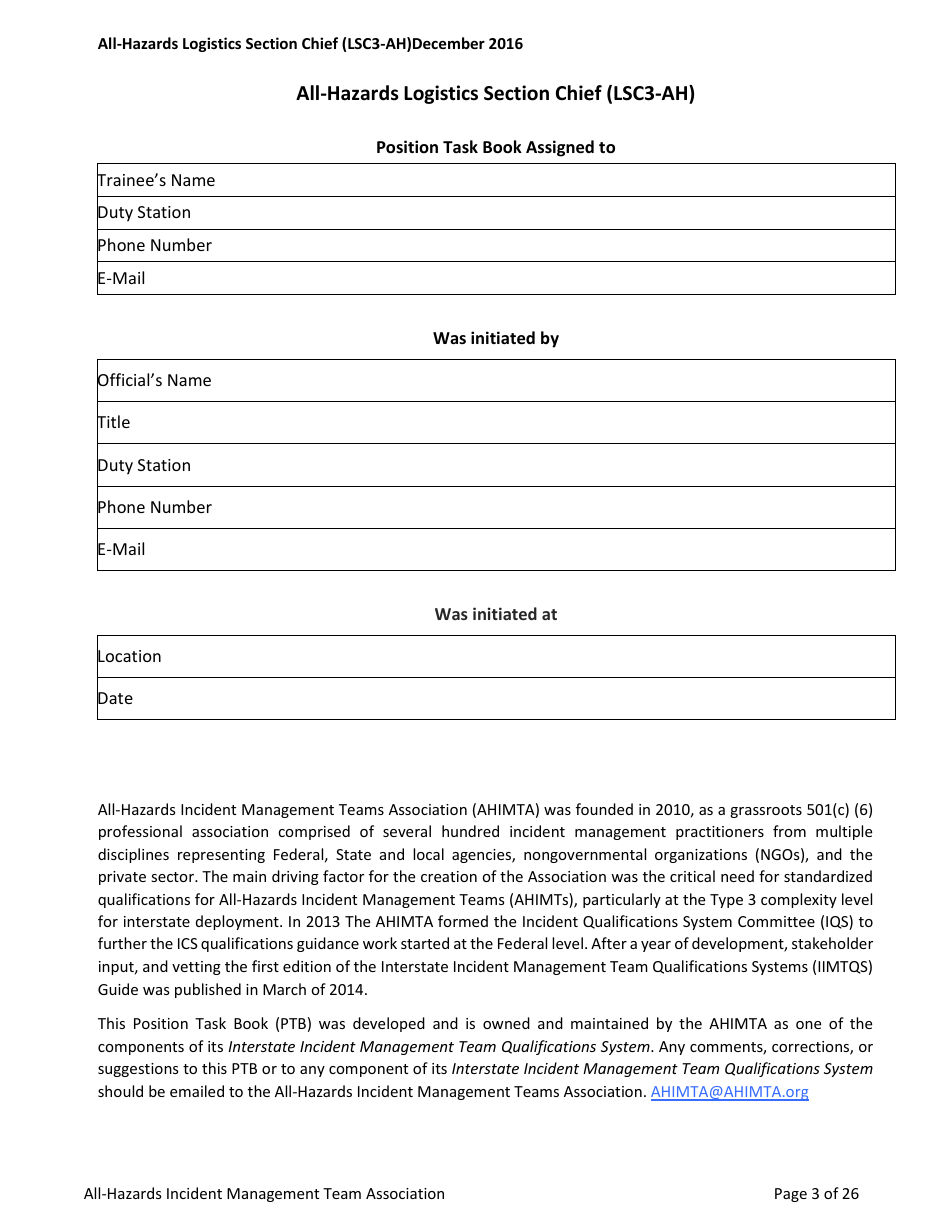 Task Book for the Position of Type 3 All-hazards Logistics Section Chief (Lsc3-ah) - Washington, Page 3