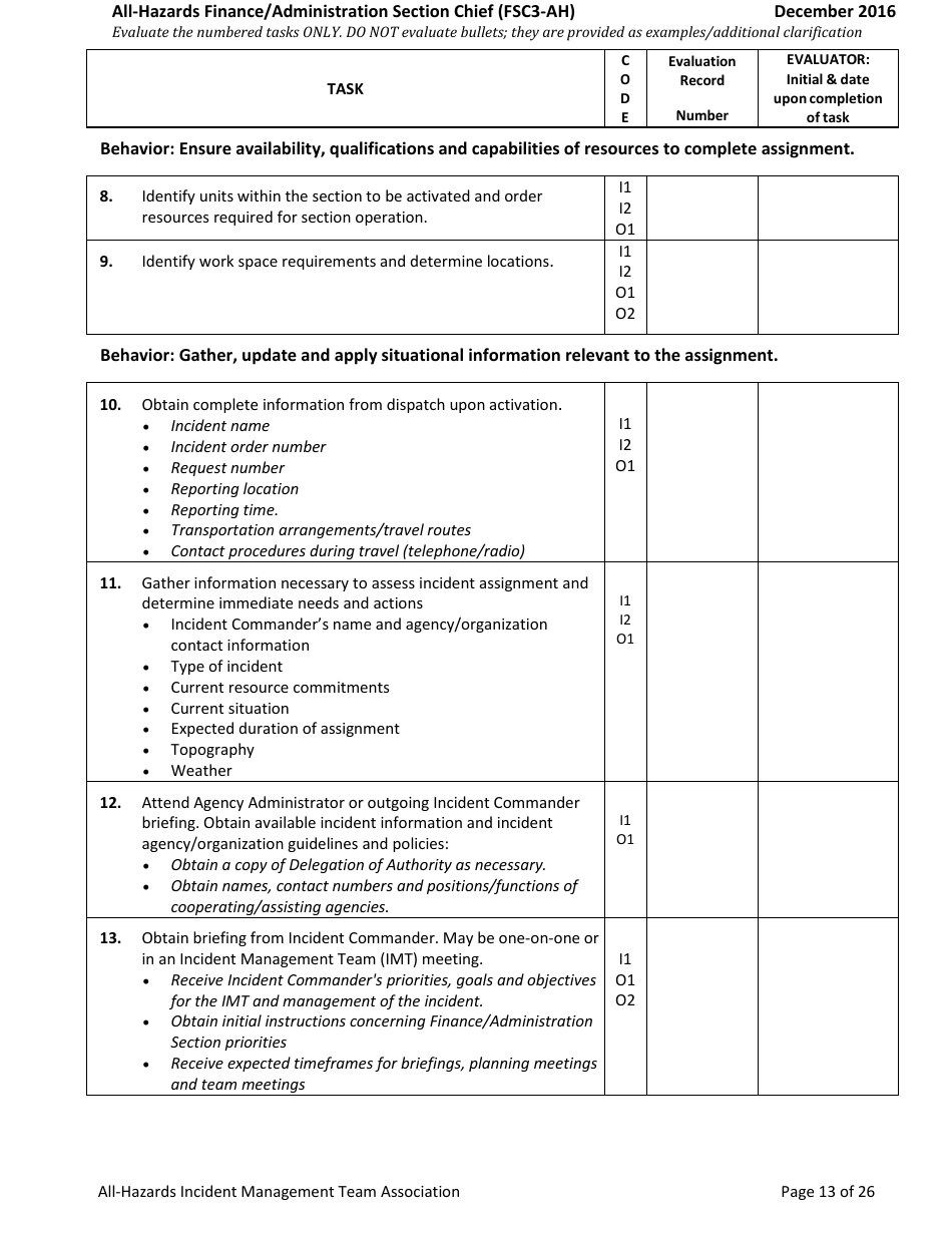 Task Book for the Position of Type 3 All-hazards Finance / Administration Section Chief (Fsc3-ah) - Washington, Page 13