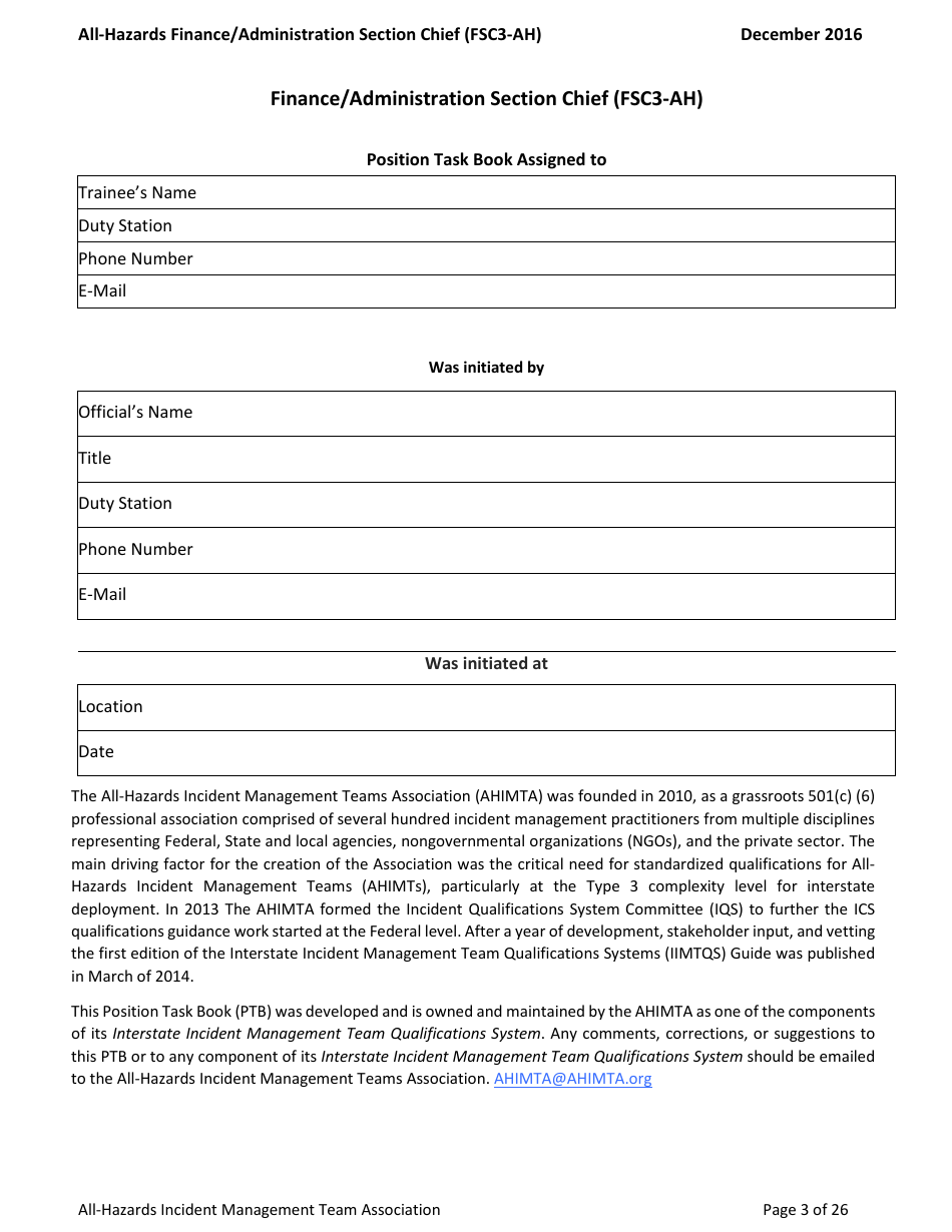 Task Book for the Position of Type 3 All-hazards Finance / Administration Section Chief (Fsc3-ah) - Washington, Page 3