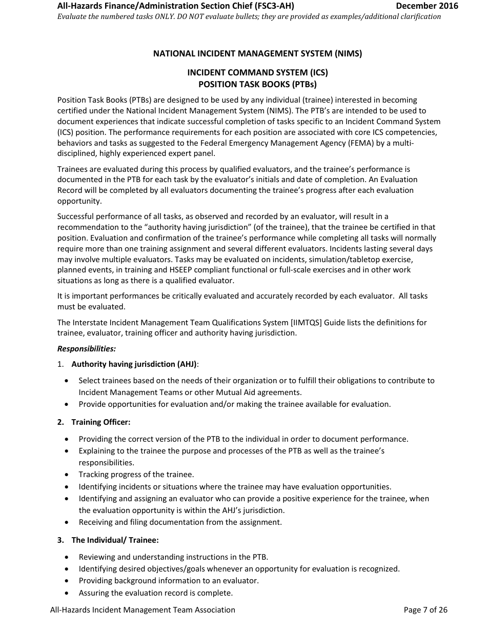 Task Book for the Position of Type 3 All-hazards Finance / Administration Section Chief (Fsc3-ah) - Washington, Page 7