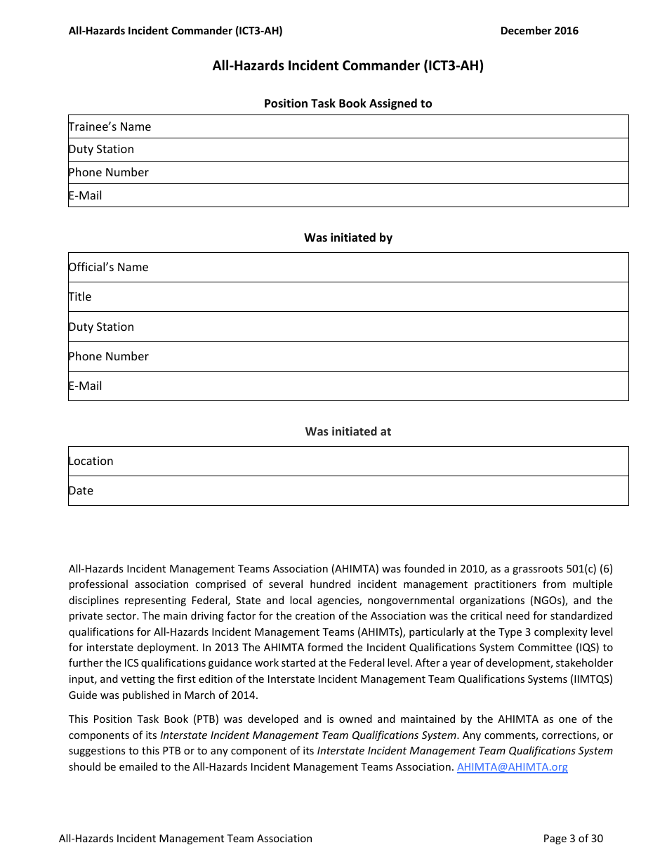 Task Book for the Position of Type 3 All-hazards Incident Commander (Ict3-ah) - Washington, Page 3