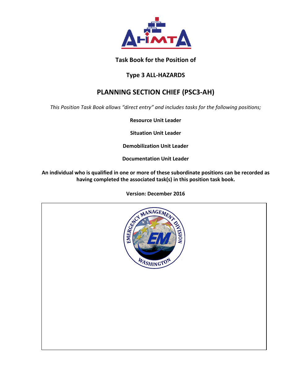 Task Book for the Position of Type 3 All-hazards Planning Section Chief (Psc3-ah) - Washington, Page 1
