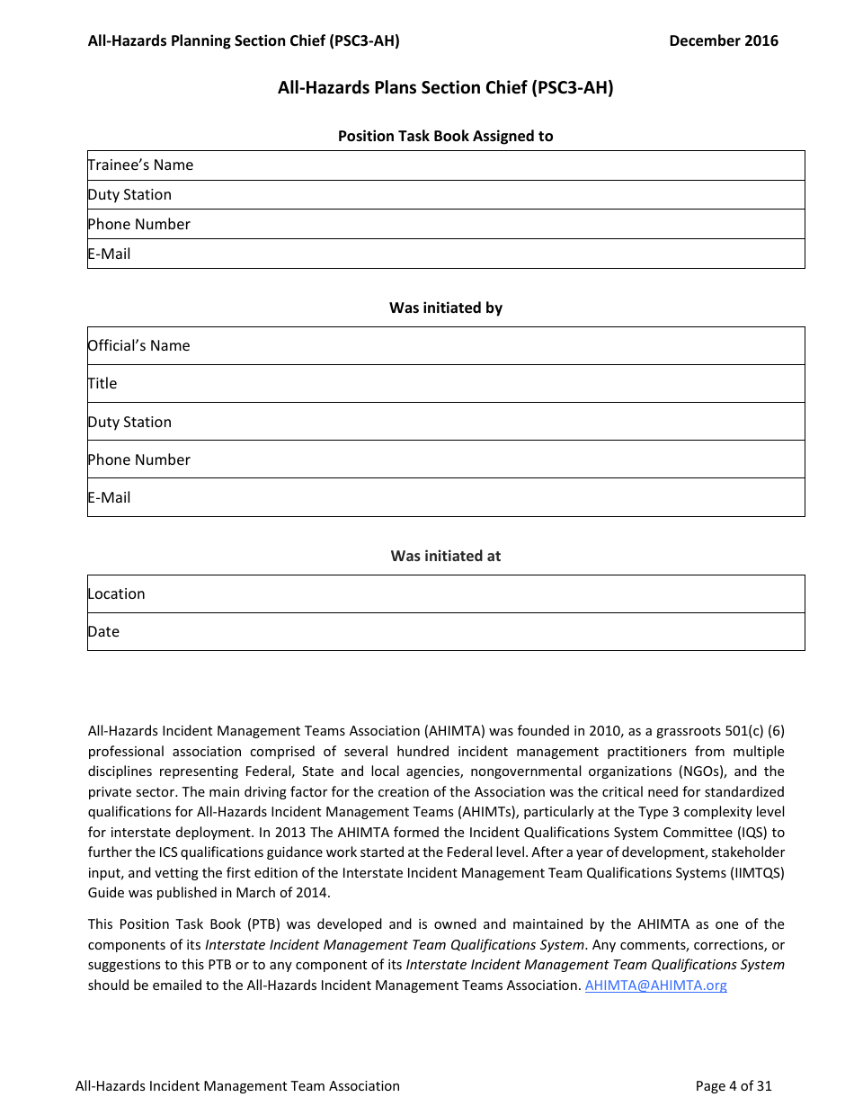 Task Book for the Position of Type 3 All-hazards Planning Section Chief (Psc3-ah) - Washington, Page 4