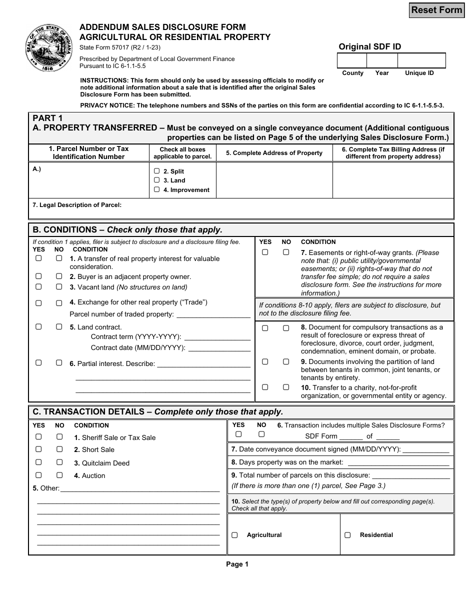 State Form 57017 Addendum Sales Disclosure Form - Agricultural or Residential Property - Indiana, Page 1
