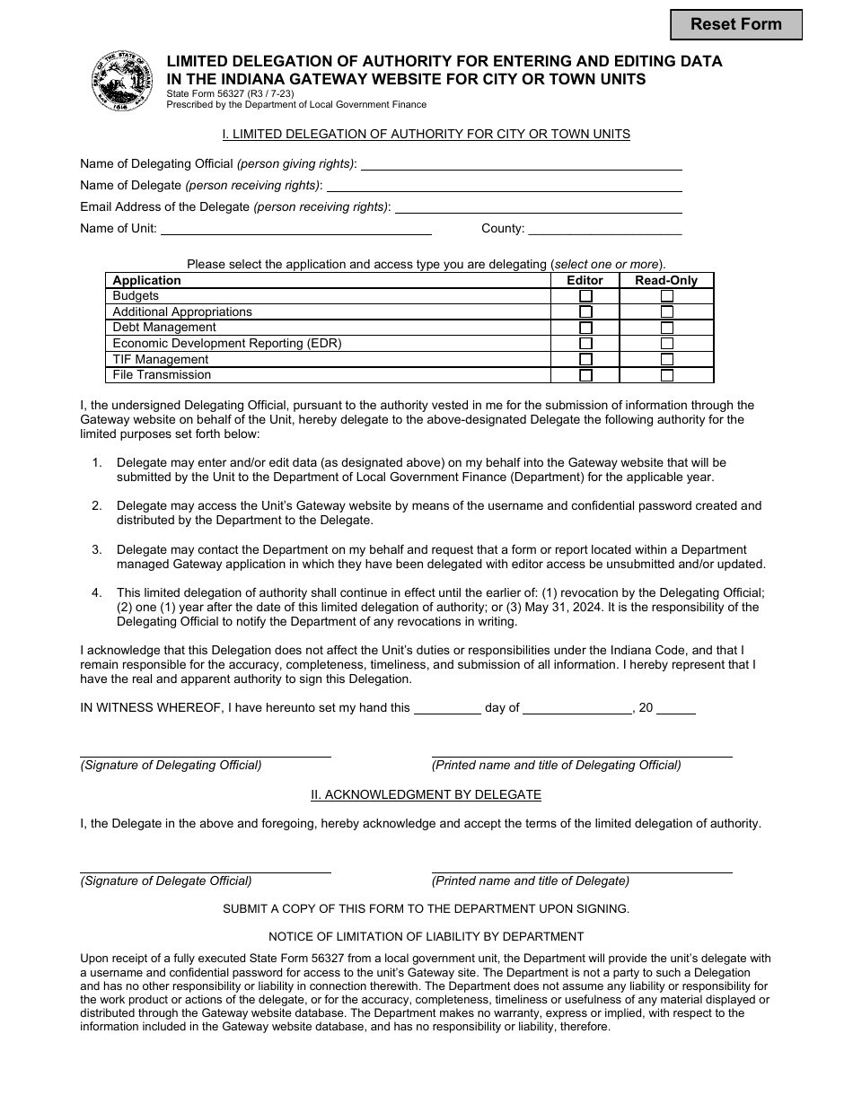 State Form 56327 Limited Delegation of Authority for Entering and Editing Data in the Indiana Gateway Website for City or Town Units - Indiana, Page 1