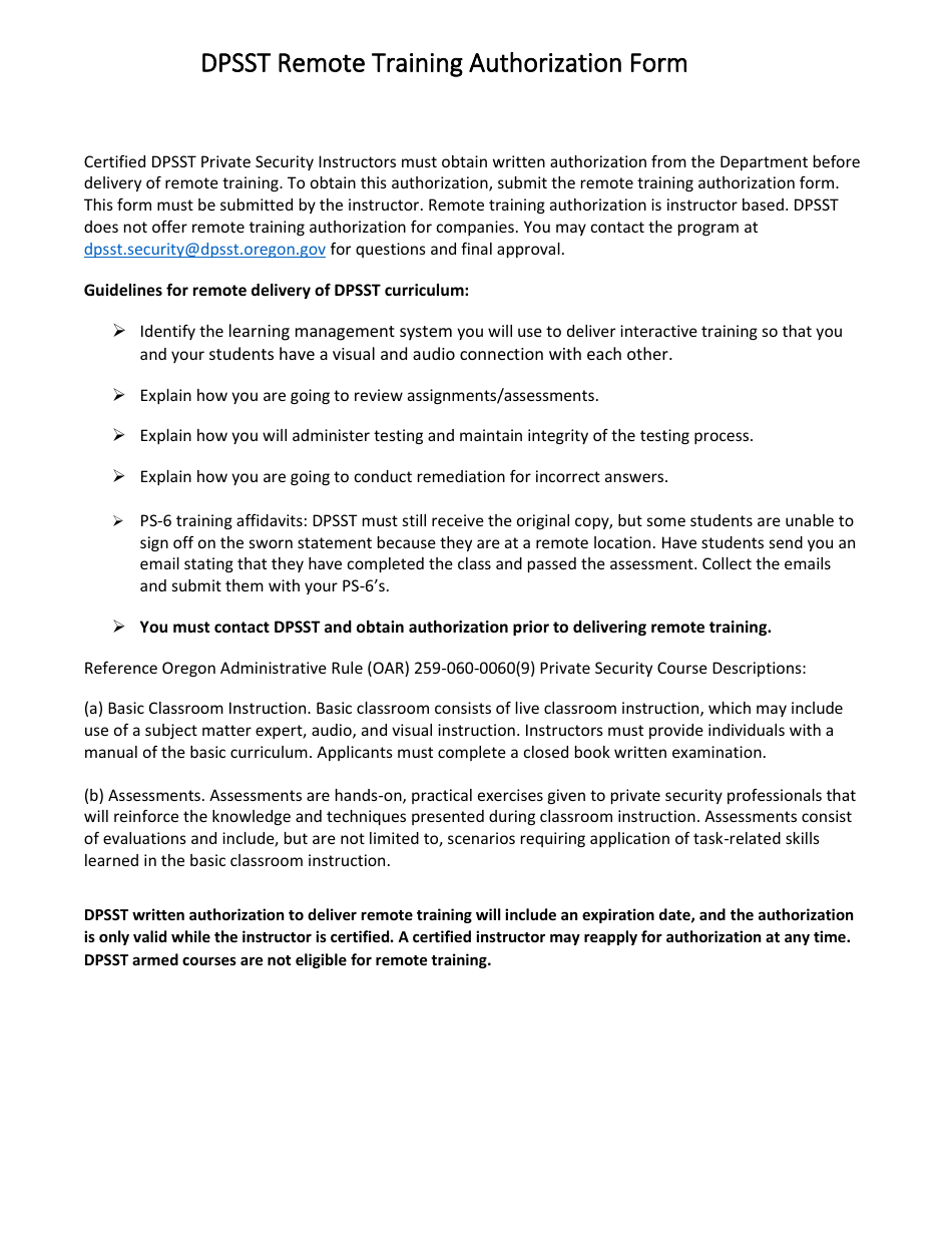 Dpsst Remote Training Authorization Form - Oregon, Page 1