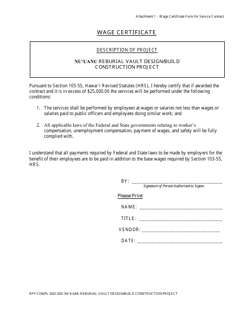 Attachment 1 Wage Certificate Form for Service Contract - Hawaii