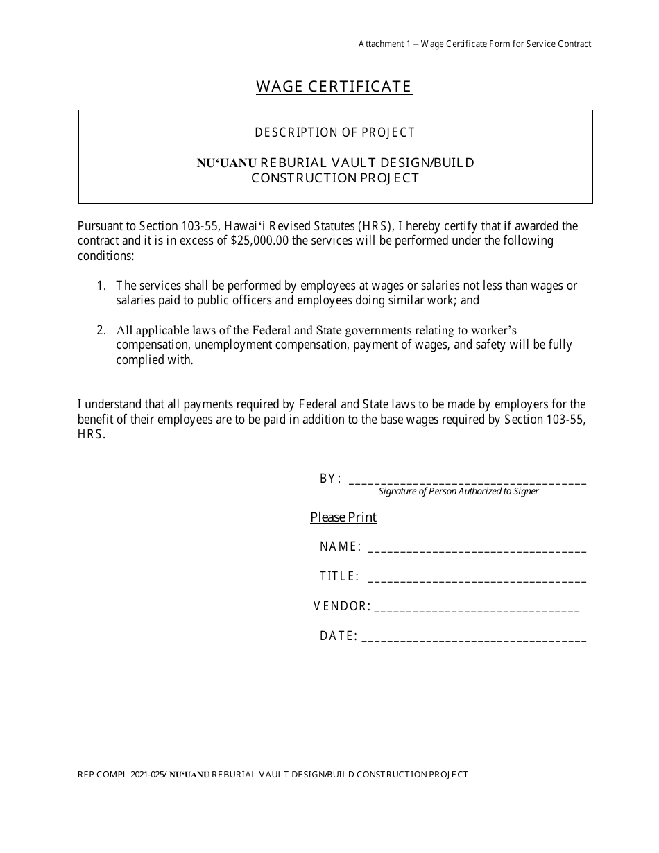 Hawaii Wage Certificate Form for Service Contract - Fill Out, Sign ...