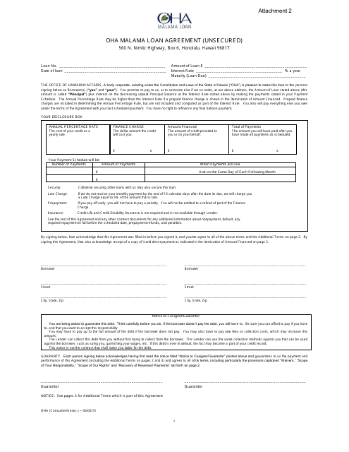 Attachment 2 OHA Malama Loan Agreement (Unsecured) - Hawaii