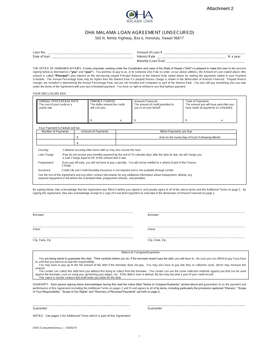 Attachment 2 OHA Malama Loan Agreement (Unsecured) - Hawaii, Page 1