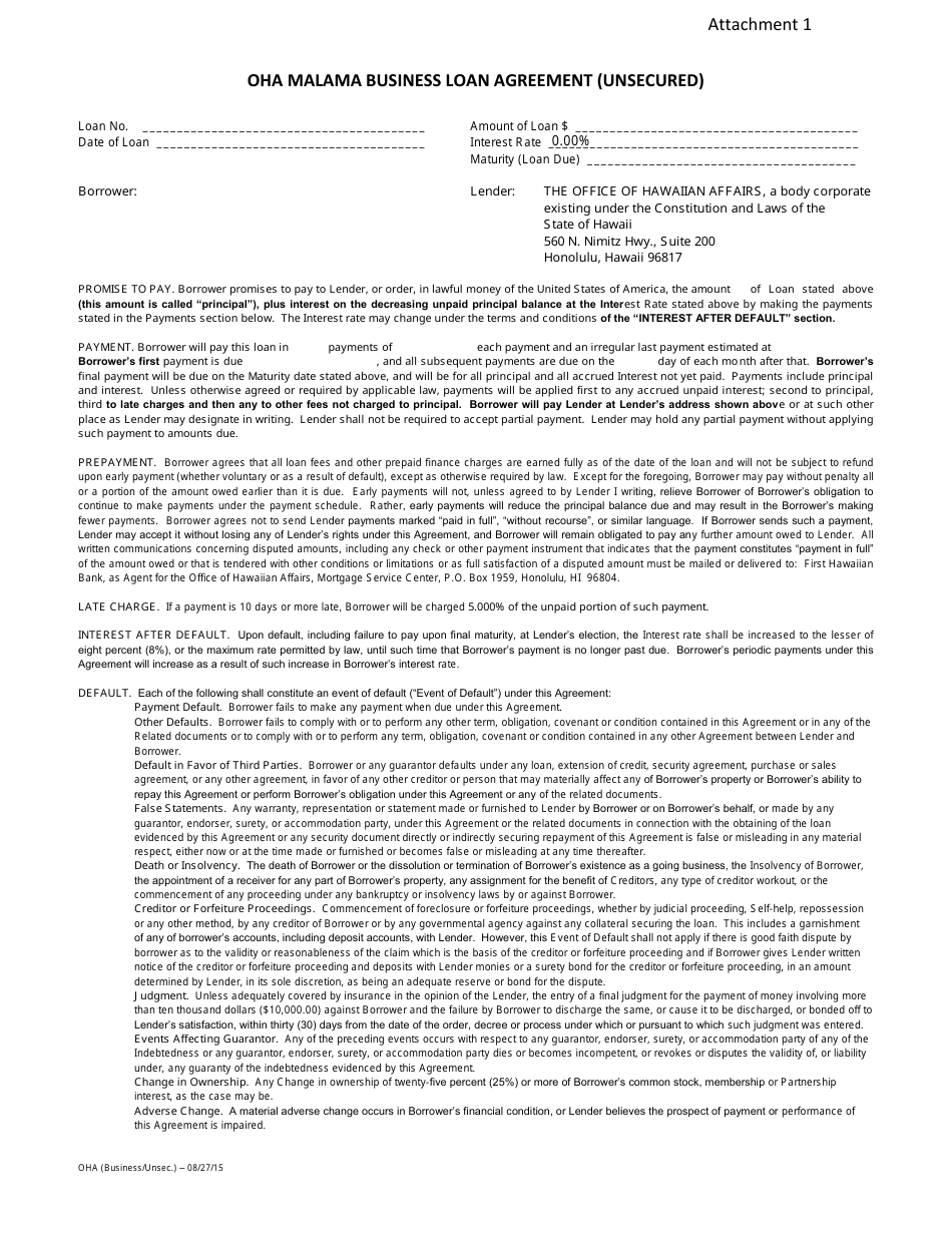 Attachment 1 OHA Malama Business Loan Agreement (Unsecured) - Hawaii, Page 1