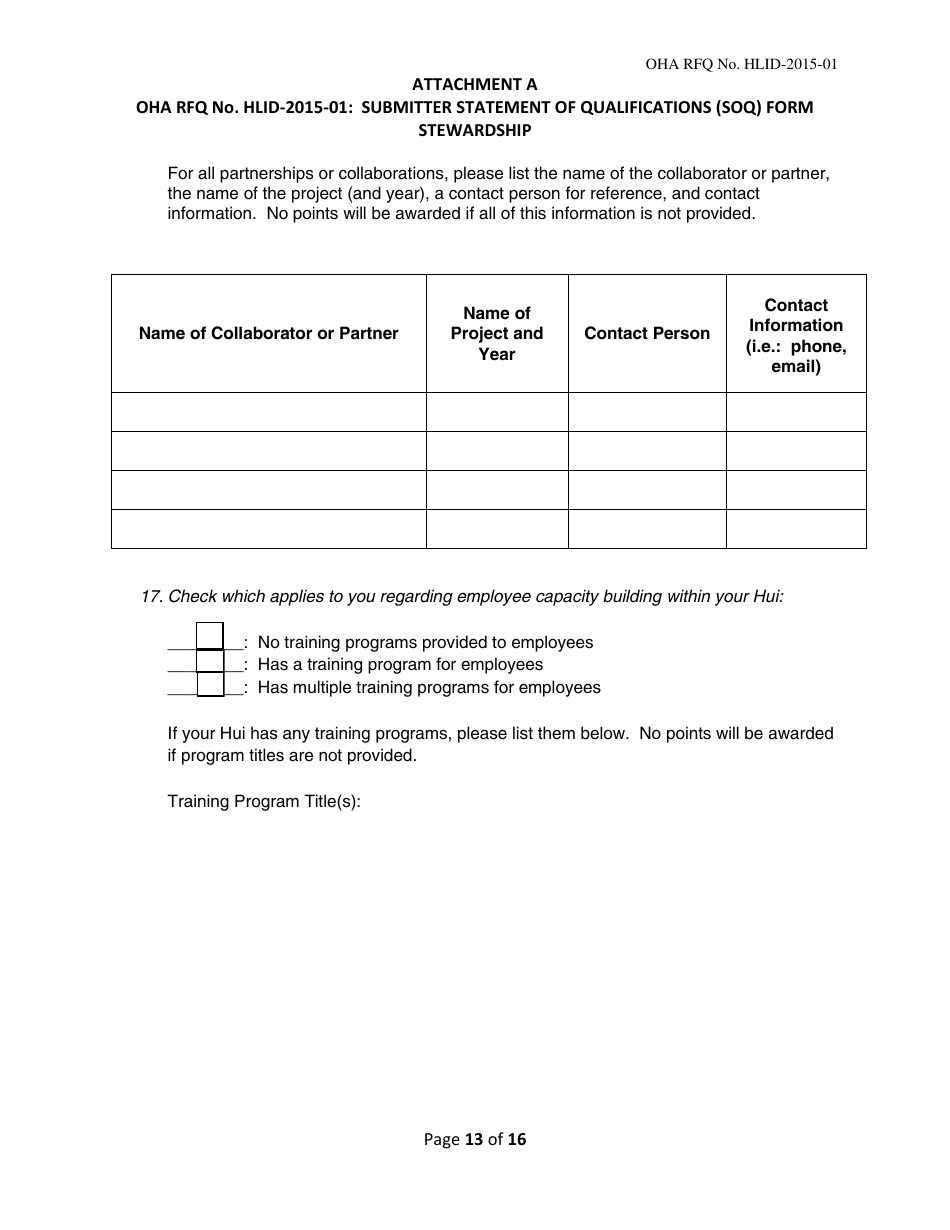 Attachment A Submitter Statement of Qualifications (Soq) Form Stewardship - Hawaii, Page 13
