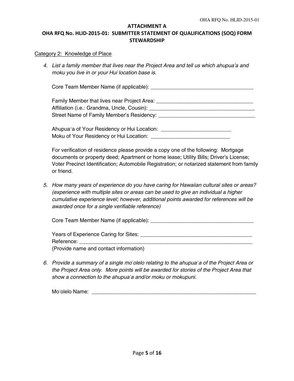 Attachment A Submitter Statement of Qualifications (Soq) Form Stewardship - Hawaii, Page 5