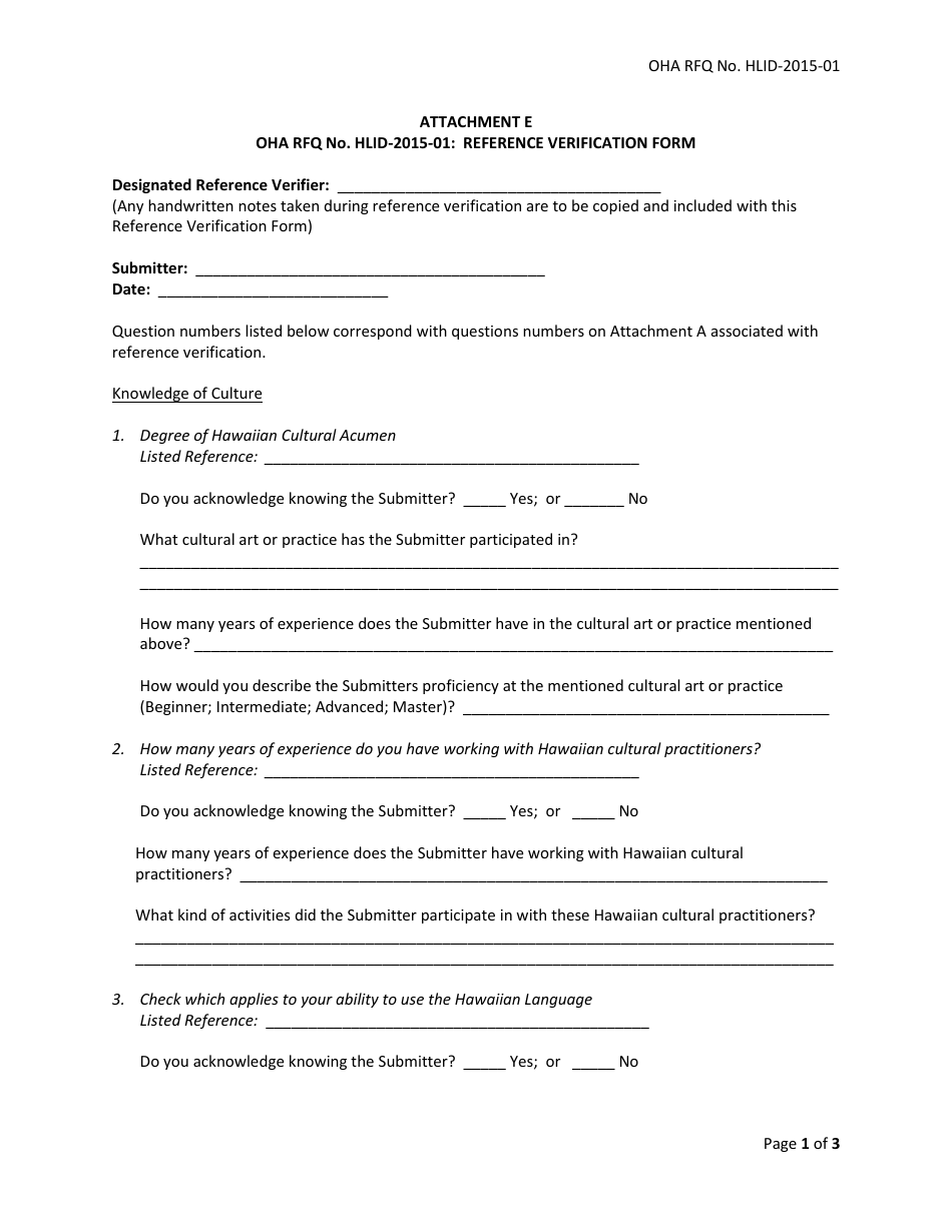 Attachment E Reference Verification Form - Hawaii, Page 1
