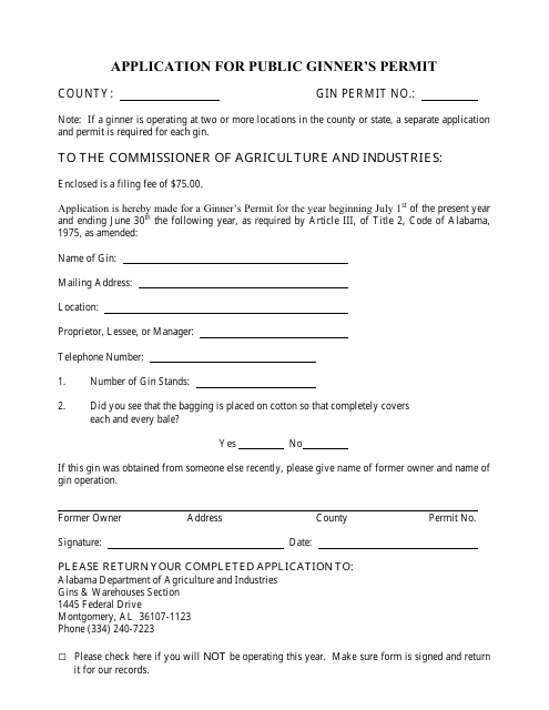 Application for Public Ginner's Permit - Alabama Download Pdf