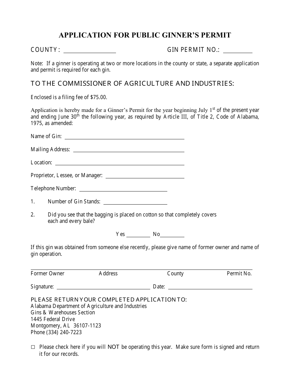 Application for Public Ginners Permit - Alabama, Page 1