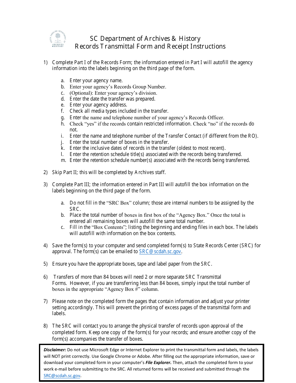 Download Instructions for Records Transmittal Form and Receipt PDF