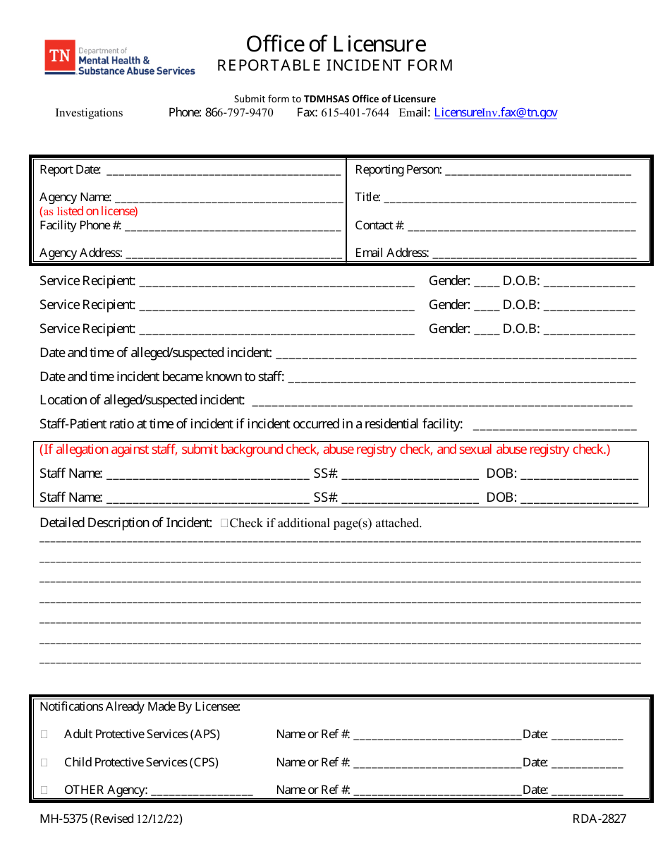 Form MH-5375 Reportable Incident Form - Tennessee, Page 1