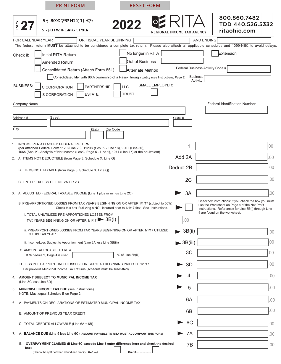 Form 27 Rita Net Profit Tax Return - Ohio, Page 1