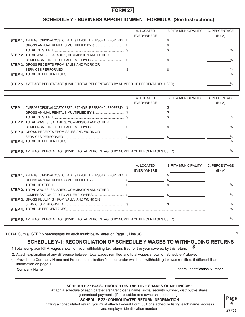 Form 27 Rita Net Profit Tax Return - Ohio, Page 4