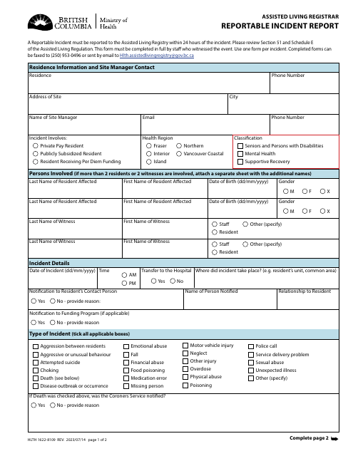 Form HLTH1622-8109 Assisted Living Registrar Reportable Incident Report - British Columbia, Canada