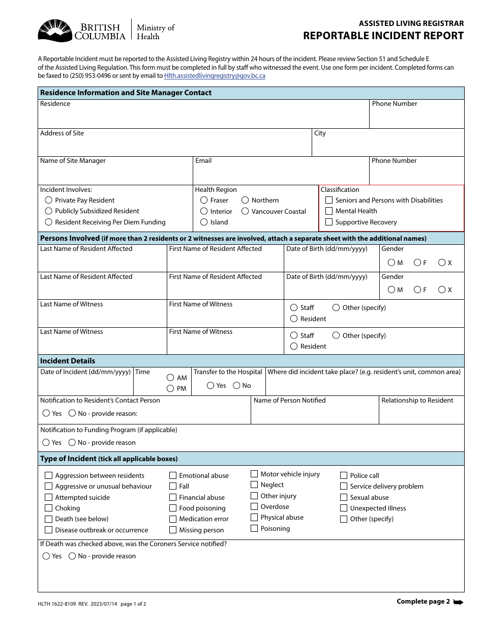 Form HLTH1622-8109 Assisted Living Registrar Reportable Incident Report - British Columbia, Canada, Page 1