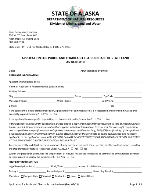 Application for Public and Charitable Use Purchase of State Land as 38.05.810 - Alaska Download Pdf