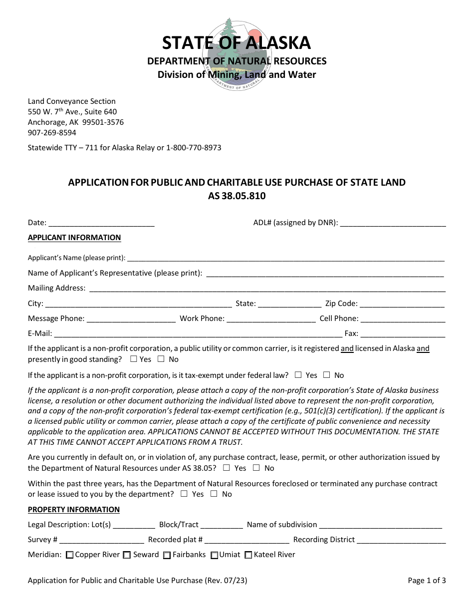 Application for Public and Charitable Use Purchase of State Land as 38.05.810 - Alaska, Page 1