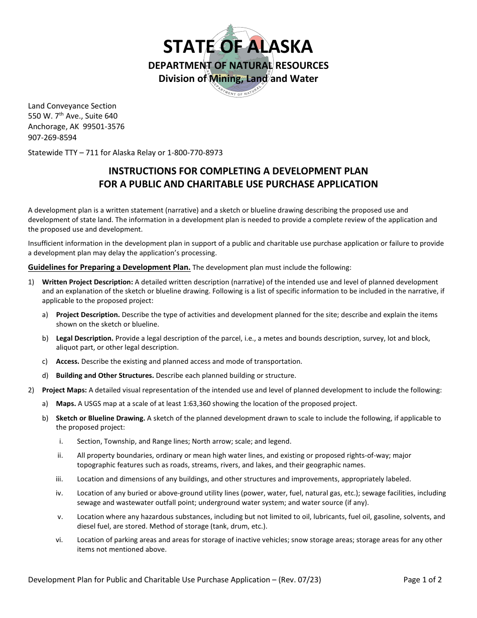 Development Plan for a Public and Charitable Use Purchase Application - Alaska, Page 1
