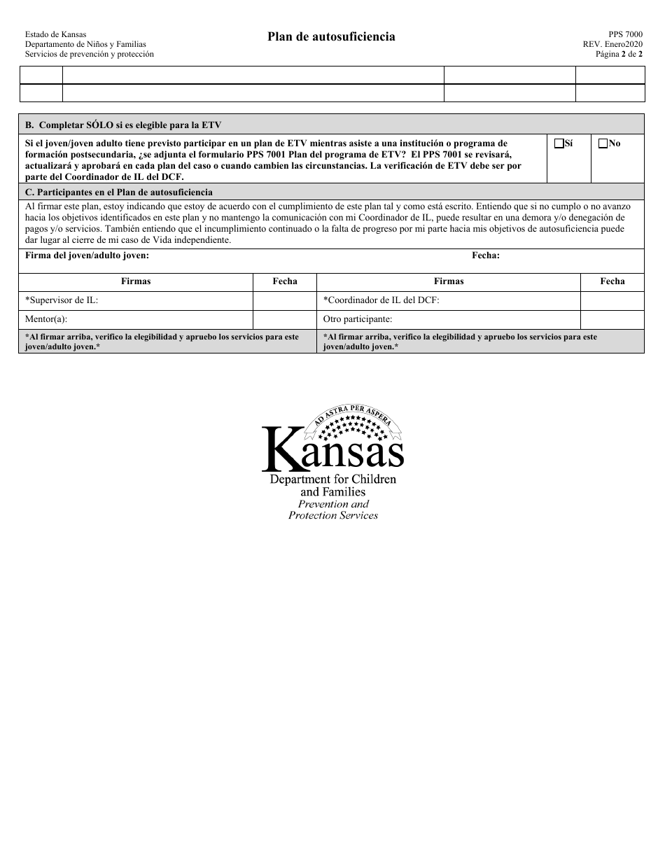 Formulario PPS7000 Plan De Autosuficiencia - Kansas (Spanish), Page 2