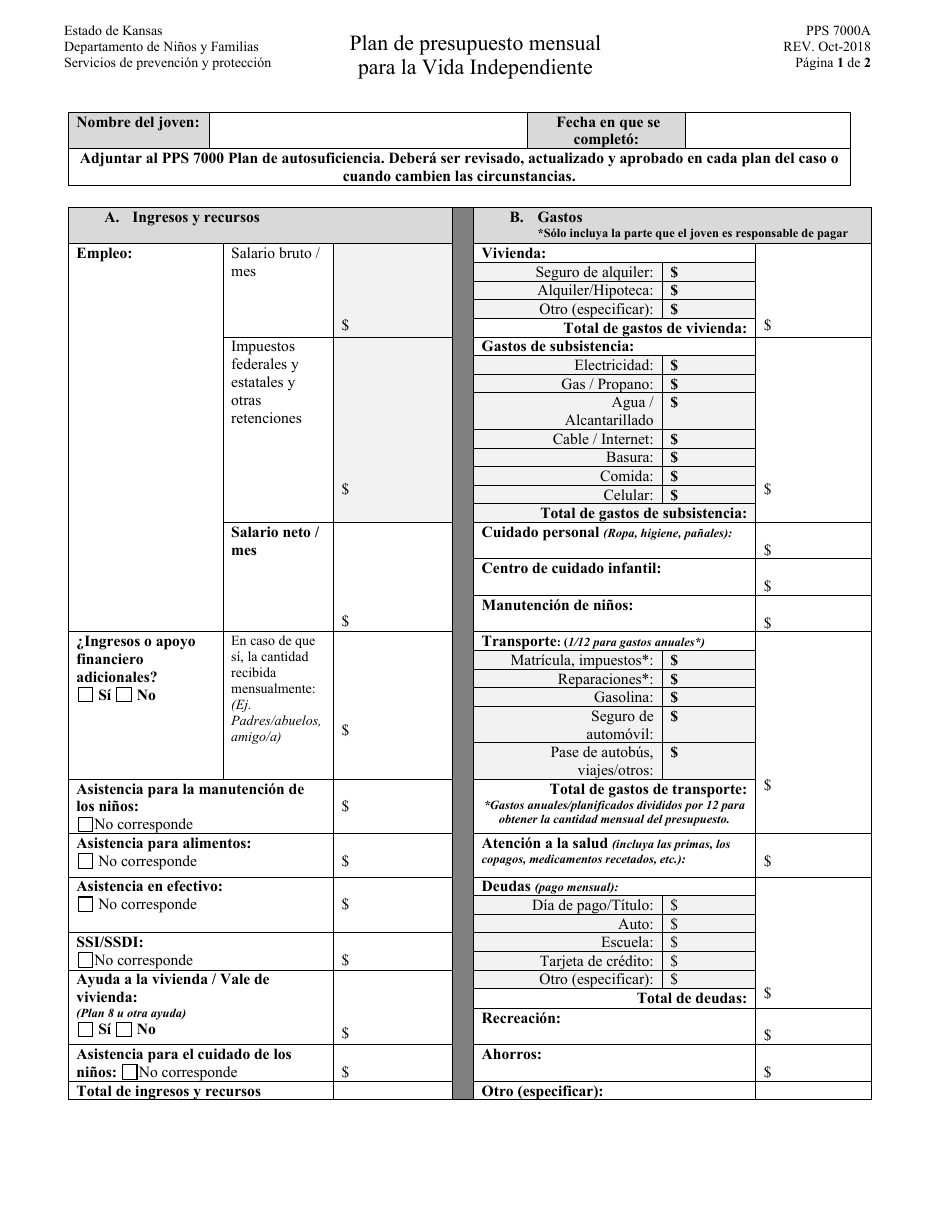 Formulario PPS7000A Plan De Presupuesto Mensual Para La Vida Independiente - Kansas (Spanish), Page 1